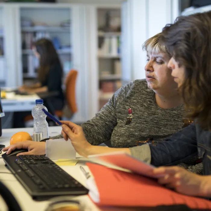 Twee vrouwen zitten aan een bureau. Ze kijken naar een computerscherm. De ene vrouw begeleid de andere vrouw waar ze met de computermuis moet klikken.