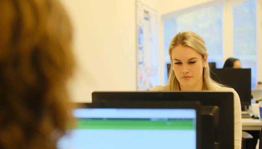 In een kantoorruimte zit een vrouw voor haar computer te werken. Ze kijkt naar het scherm.